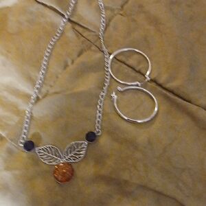 Silver and Orange Leaf Pendant Necklace and Hoop Earrings Set